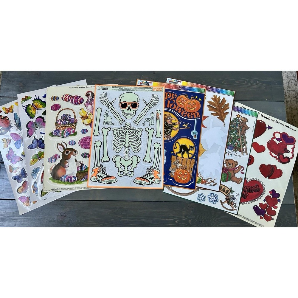 Vintage 90's Window Clings Lot Of 8 Halloween Easter Xmas Valentines Butterfly